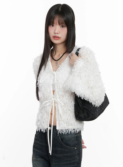 faux-fur-ribbon-cardigan-cn511 / White
