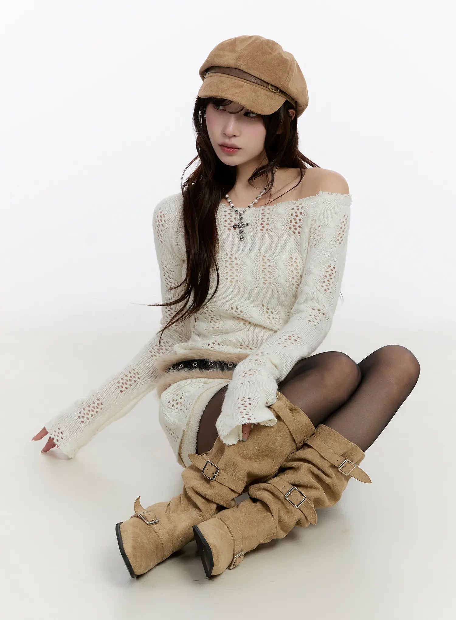 vintage-off-shoulder-knit-sweater-cn524 / White