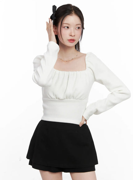 square-neck-shirred-long-sleeve-top-cn504 / White