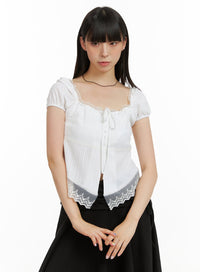 lace-hem-cotton-ribboned-square-neck-shirt-cu425 / White