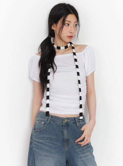 shirred-puff-sleeve-crop-top-cu511 / White