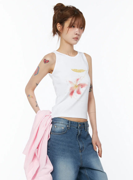 floral-print-sleeveless-top-cy527 / White