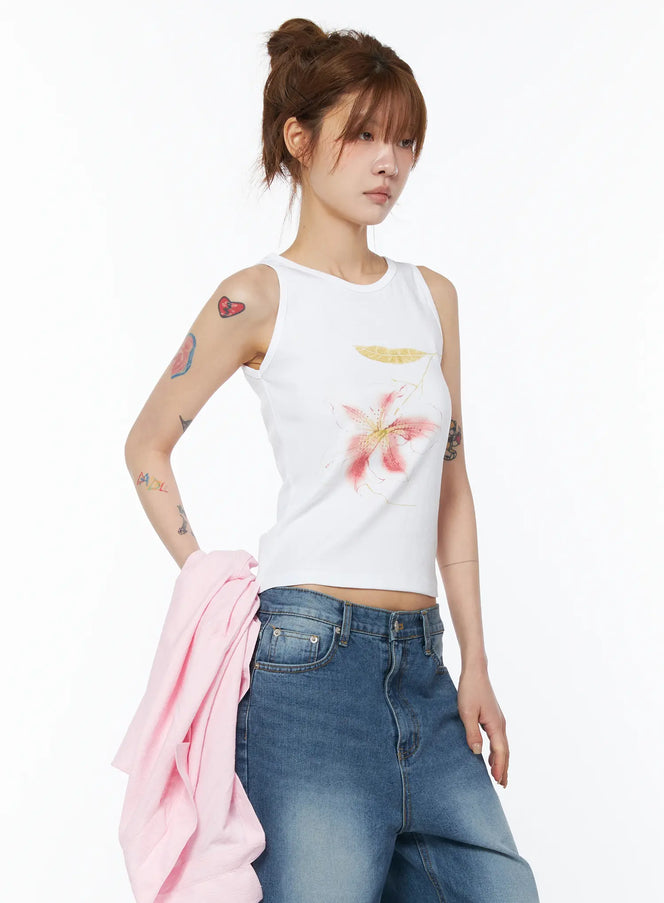 floral-print-sleeveless-top-cy527 / White