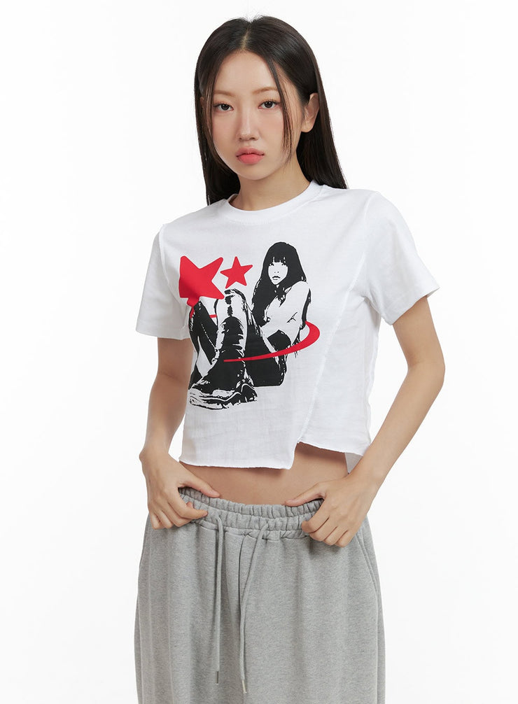 unbalanced-graphic-crop-tee-cl417 / White