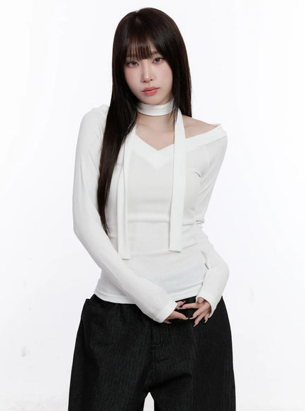v-neck-ribbed-two-way-tie-long-sleeve-top-cs530 / White