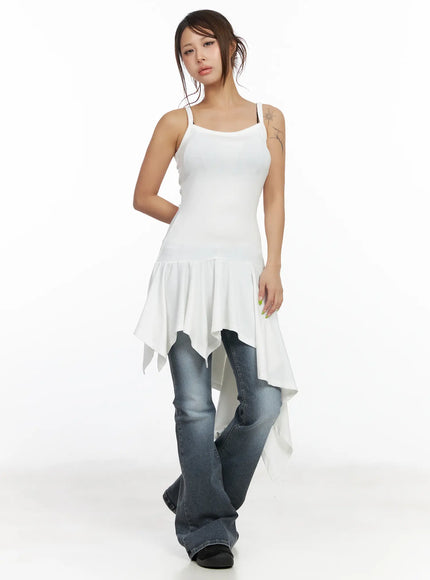 asymmetric-ruffled-edge-sleeveless-mini-dress-cf513 / White