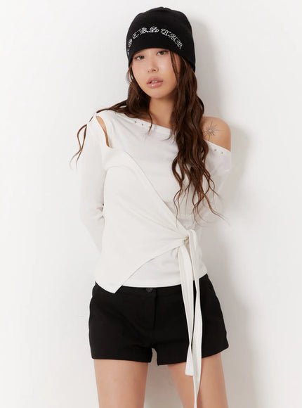 studded-off-shoulder-wrap-tie-long-sleeve-top-cd515 / White