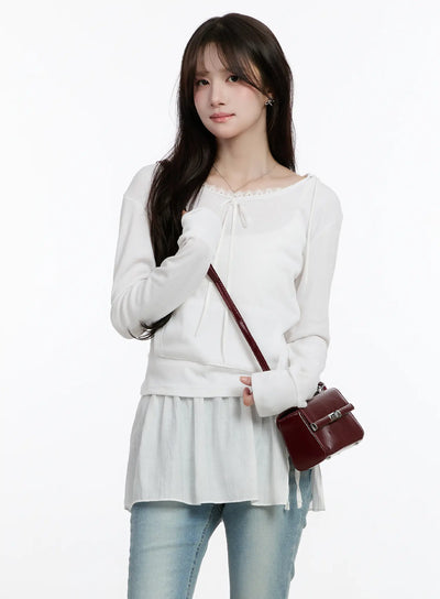 lace-ribbon-hooded-long-sleeve-top-cm505 / White