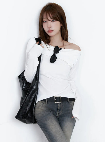 ribbed-off-shoulder-long-sleeve-tee-cg529 / White