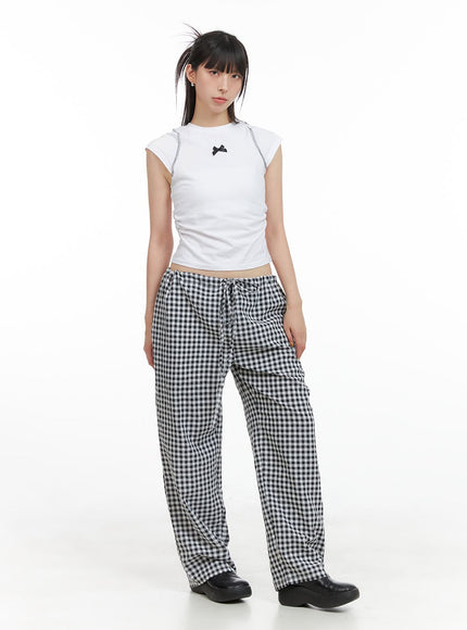 Checkered Banded Cotton Wide Leg Pants CG408