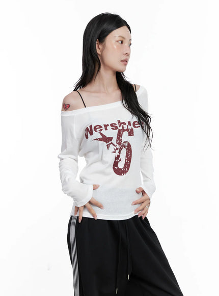 Graphic Off-Shoulder Long Sleeve Shirt CS529
