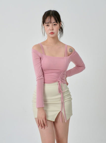 Off-Shoulder Double Front Tie Ruched Top IJ304