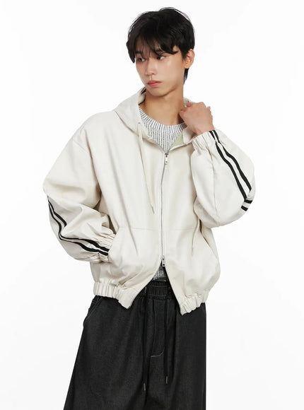 Men's Faux Leather Track Hooded Jacket IO516