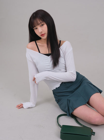 Cropped Long Sleeve Top with Front Shirring C2701