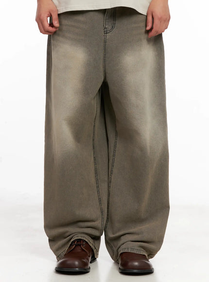 mens-washed-wide-leg-denim-jeans-il521 / Beige