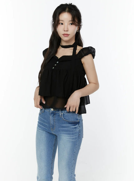 chiffon-layered-blouse-and-skinny-scarf-set-iy511 / Black