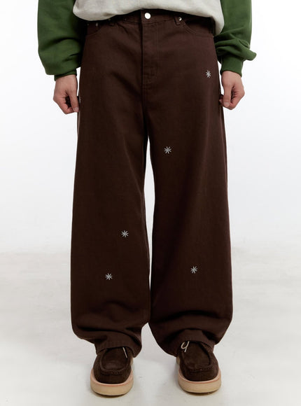 mens-wide-leg-pants-with-embroidered-flowers-ia504 / Brown