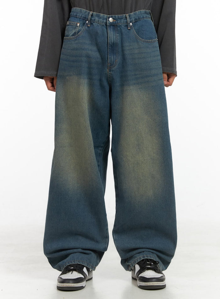 mens-washed-cotton-wide-leg-jeans-dark-blue-is420 / Dark blue