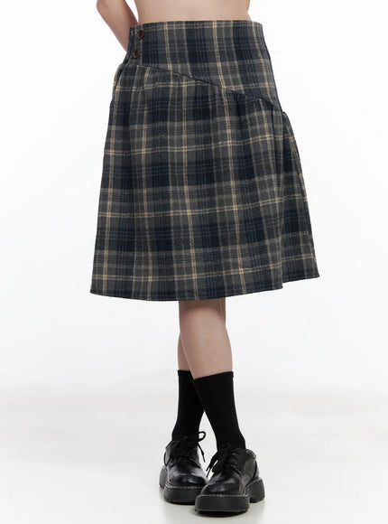 plaid-button-detail-flare-midi-skirt-cj520 / Dark blue