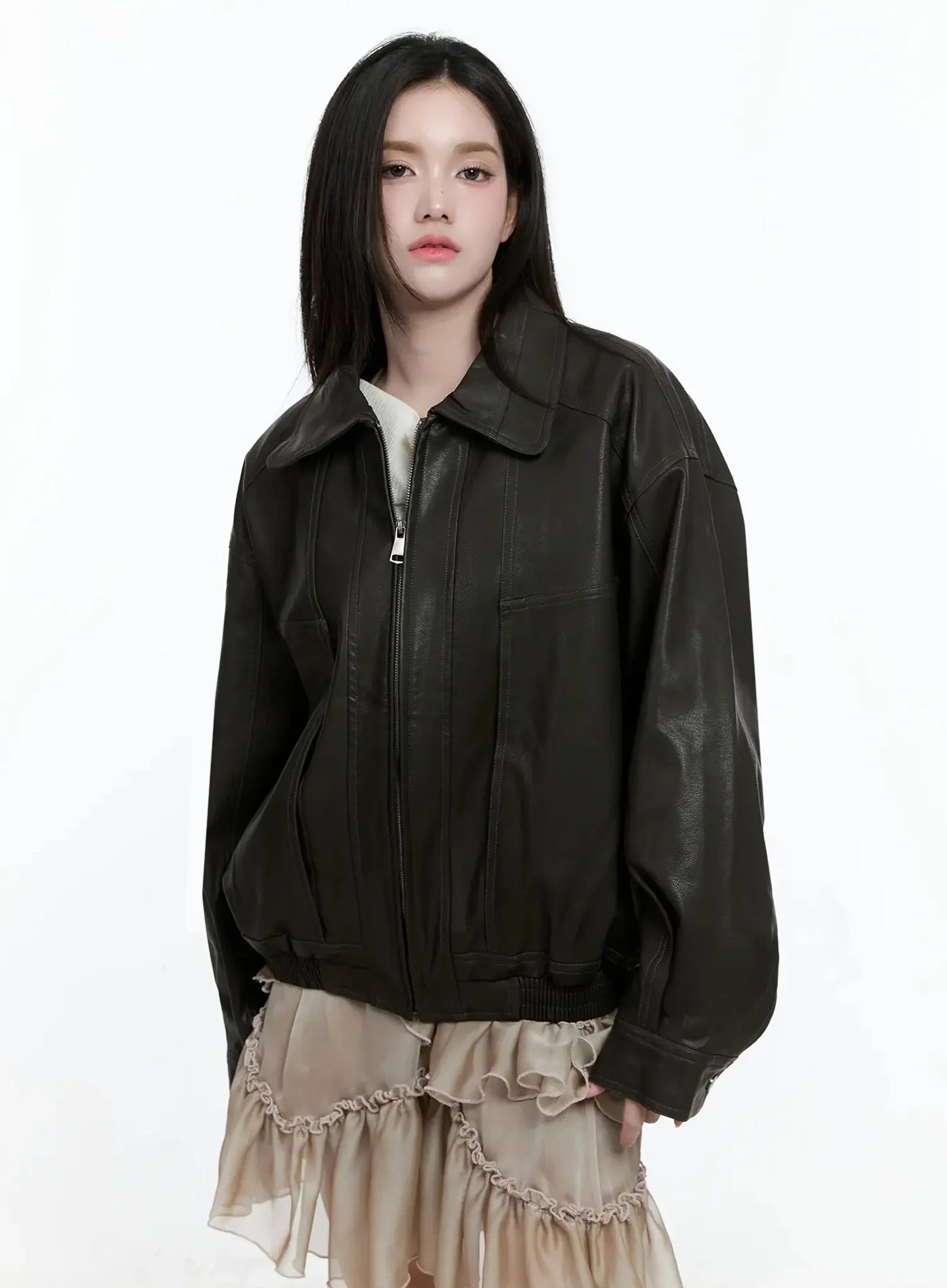 zippered-faux-leather-biker-style-jacket-io520 / Dark gray