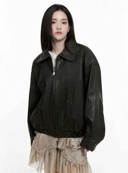 zippered-faux-leather-biker-style-jacket-io520 / Dark gray