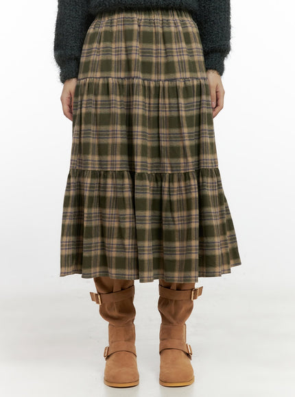 cotton-check-print-maxi-skirt-in415 / Dark green