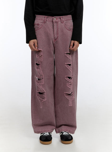 mens-distressed-wide-leg-pants-io428 / Dark red