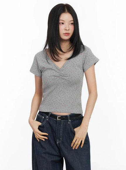 floral-print-v-neck-tee-im524 / Gray
