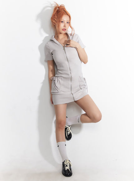 ribbed-zip-up-hooded-mini-dress-ia517 / Gray