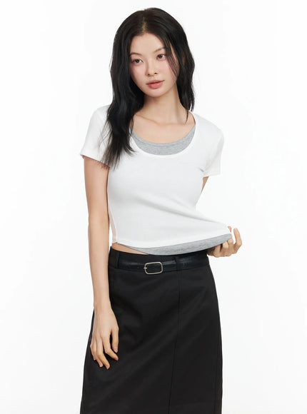 u-neck-layered-short-sleeve-top-im524 / White