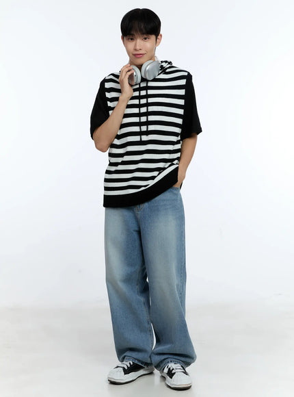 mens-striped-knit-sleeveless-hoodie-ig515 / White