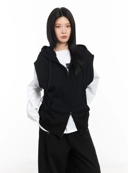 oversized-hooded-zip-up-vest-cm516 / Black
