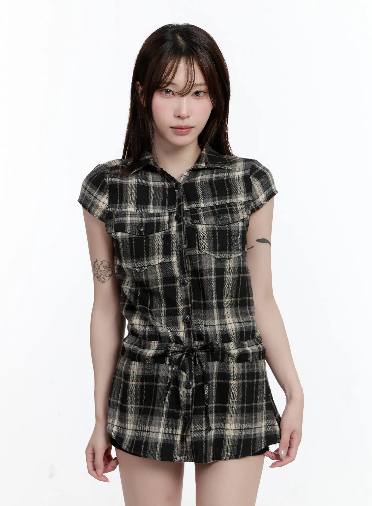 plaid-short-sleeve-mini-dress-cn525 / Black