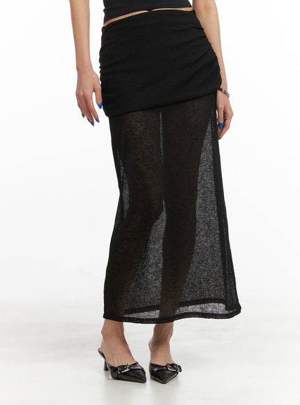 shirred-sheer-maxi-skirt-cy424 / Black