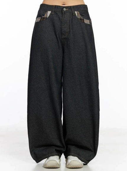 nora-plaid-accent-wide-leg-jeans-cf506-1 / Black