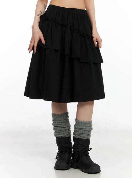 layered-ruffle-flare-midi-skirt-cd502 / Black