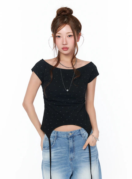 boat-neck-star-print-string-top-ca514 / Black