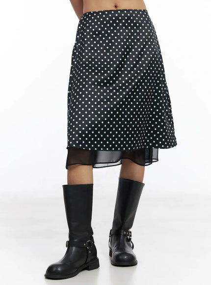 layered-polka-dot-satin-midi-skirt-cm520 / Black