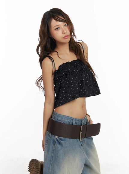 polka-dot-shirred-ribbon-tie-cami-top-cm520 / Black