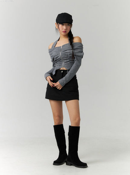 shirred-off-shoulder-zip-up-crop-top-cd307