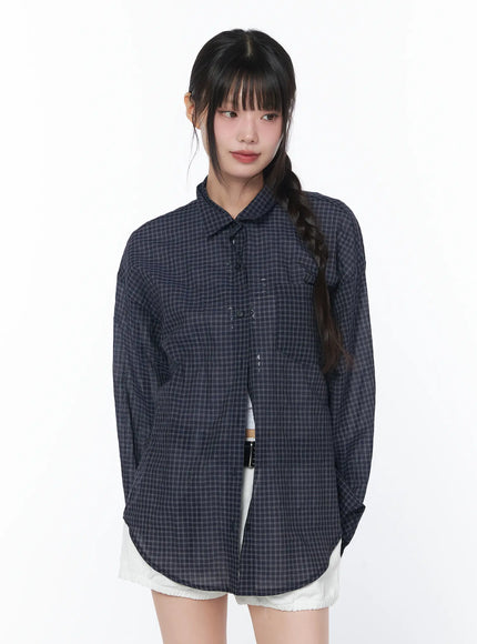 summer-checkered-button-up-shirt-ca528 / Dark blue
