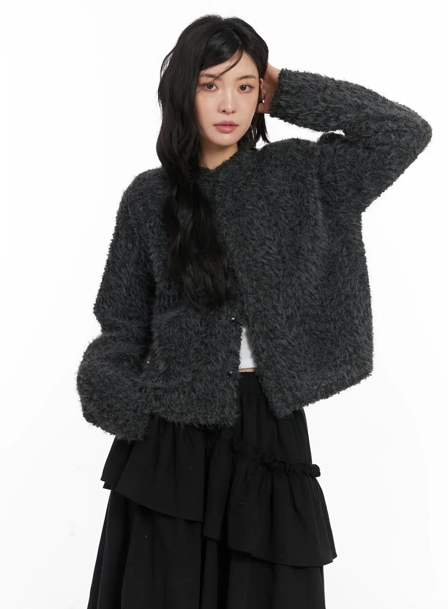 fluffy-textured-knit-cardigan-cd502 / Dark gray