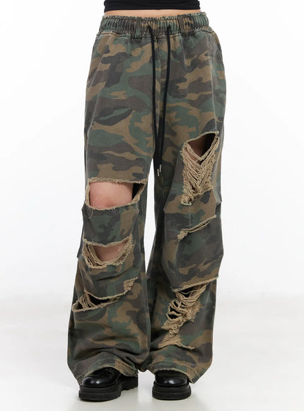 distressed-wide-leg-camo-pants-cd1202 / Dark green