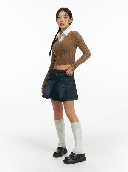 pleated-denim-mini-skirt-with-belt-cf426