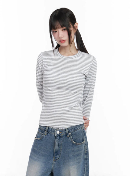 slim-fit-striped-long-sleeve-tee-cm526 / Gray