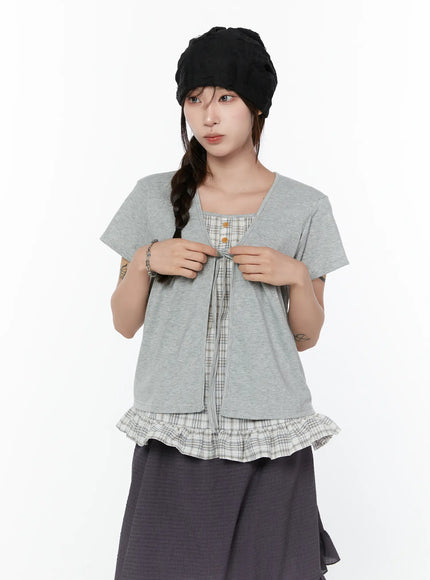 layered-check-frill-sleeve-top-cy515 / Gray