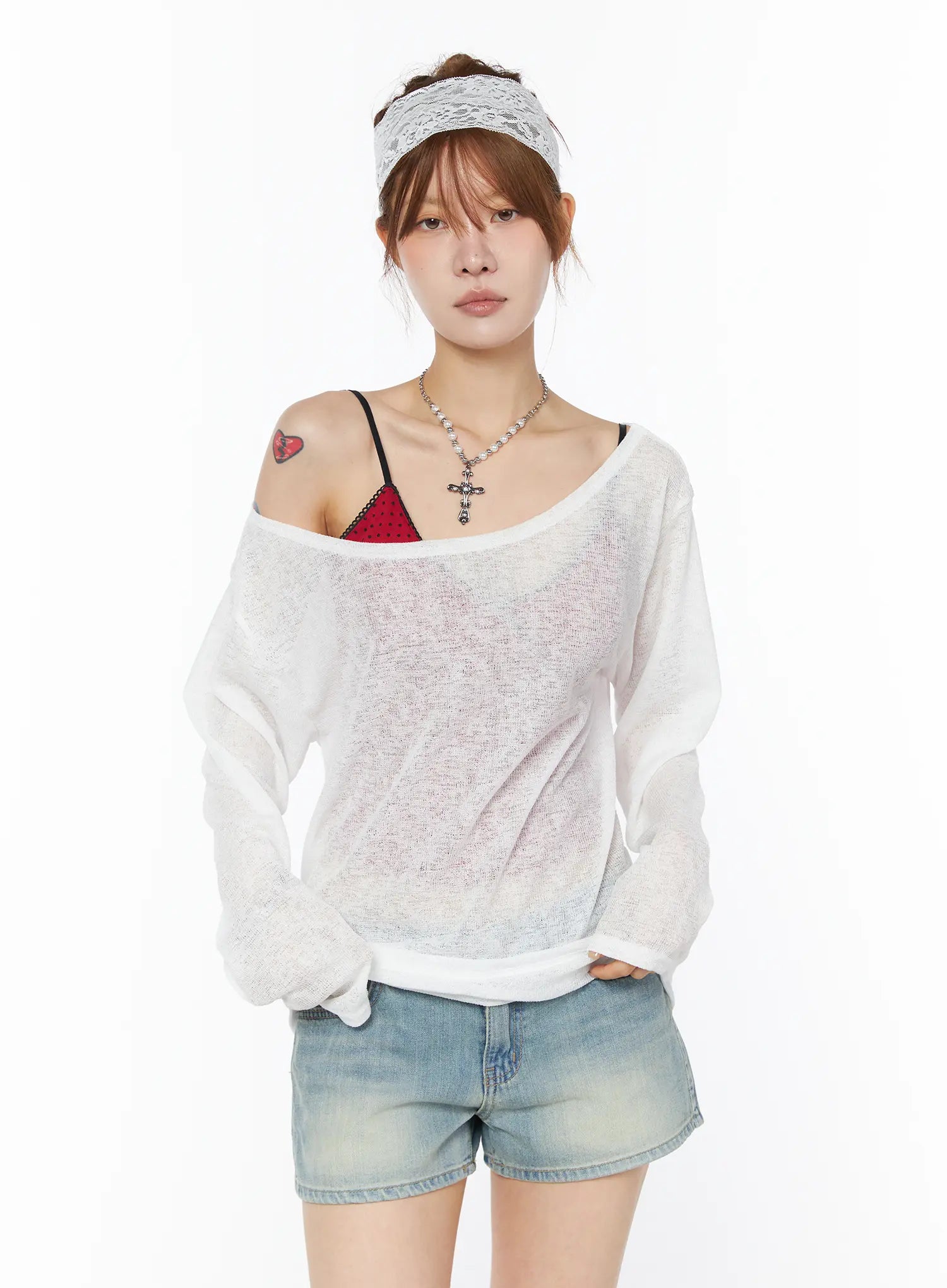 sheer-off-shoulder-long-sleeve-top-cy528 / White