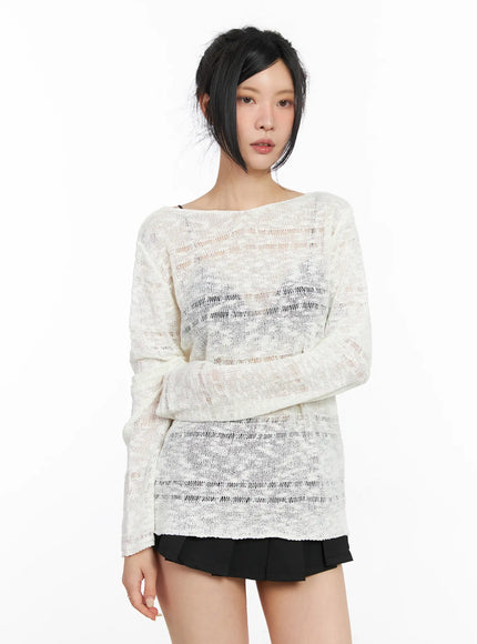 sheer-boat-neck-long-sleeve-knit-top-cm517 / White