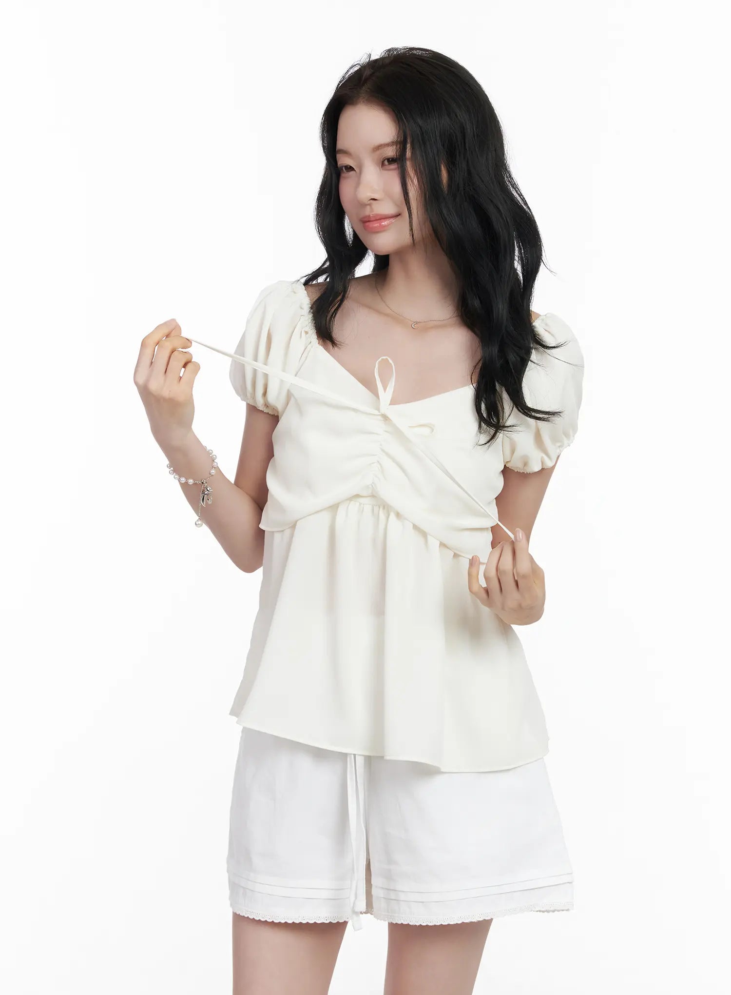 chiffon-ruched-puff-sleeve-blouse-ca510 / White