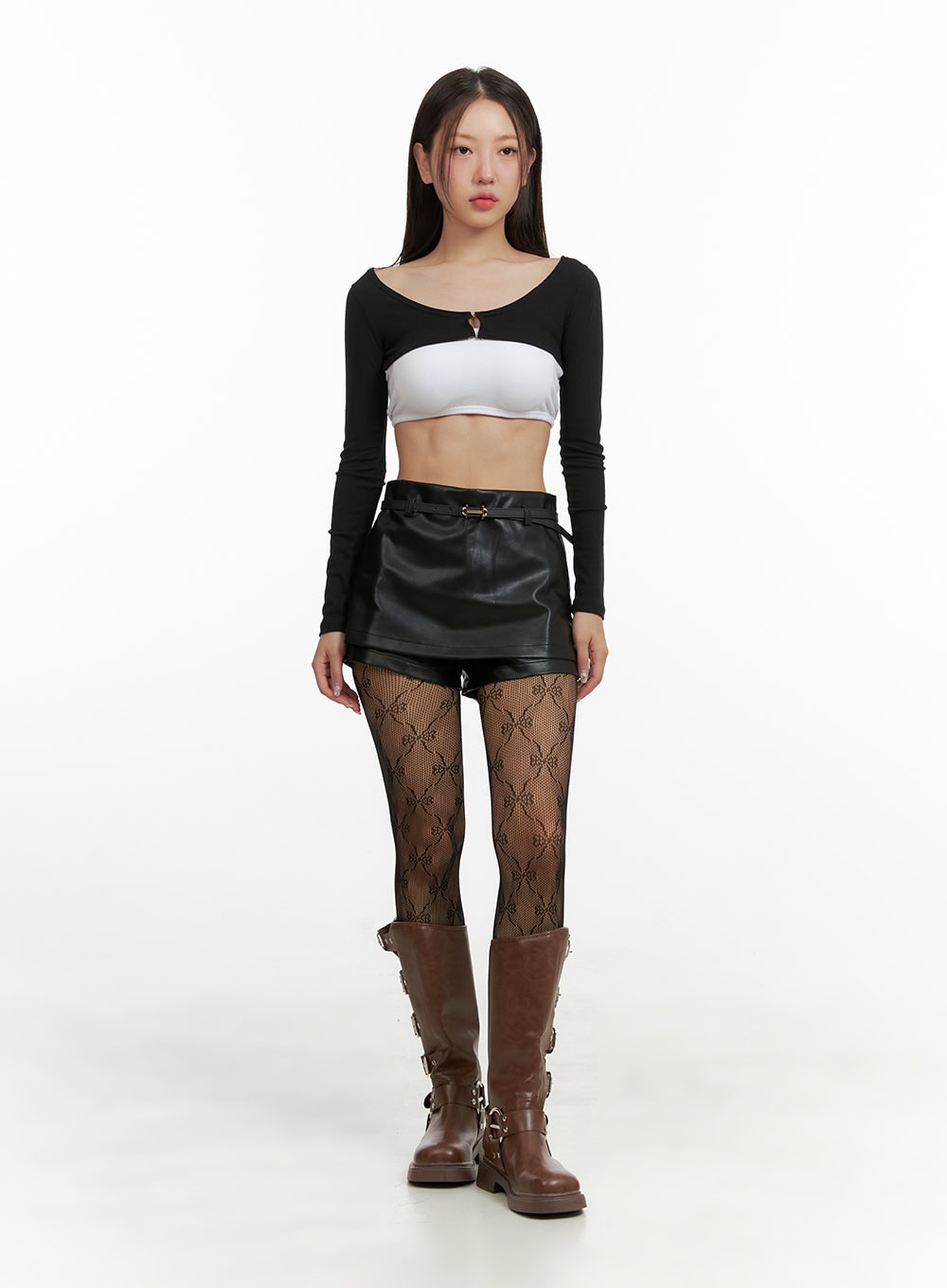 faux-leather-layered-shorts-ou404